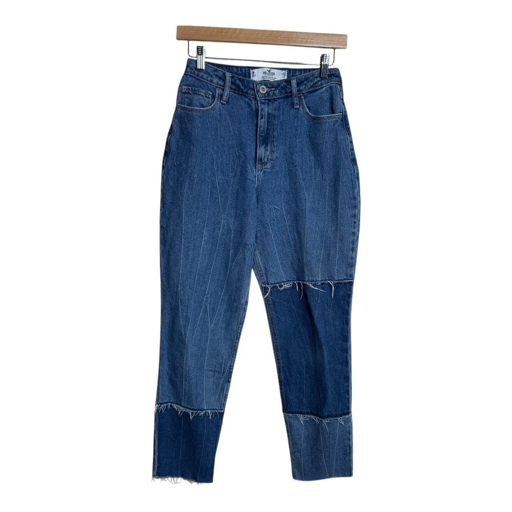 Hollister Curvy High Rise Mom Jean W26 Blue Denim Patchwork Raw Hem